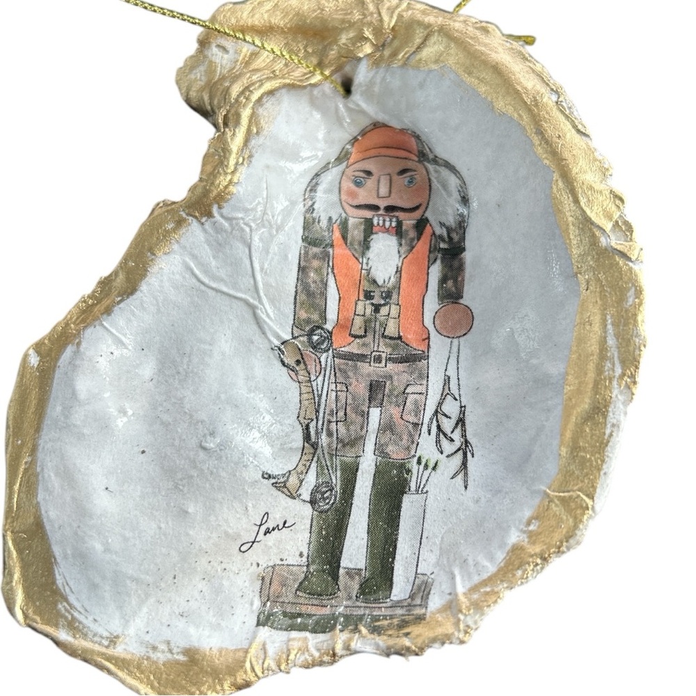 Handmade Oyster Shell Ornaments x2 Rhinestone & Nutcracker Print Matched Set